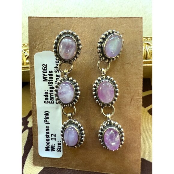Pink Moonstone 925 Sterling Silver Drop Earrings Beaded Detailing Lightweight - Picture 1 of 8